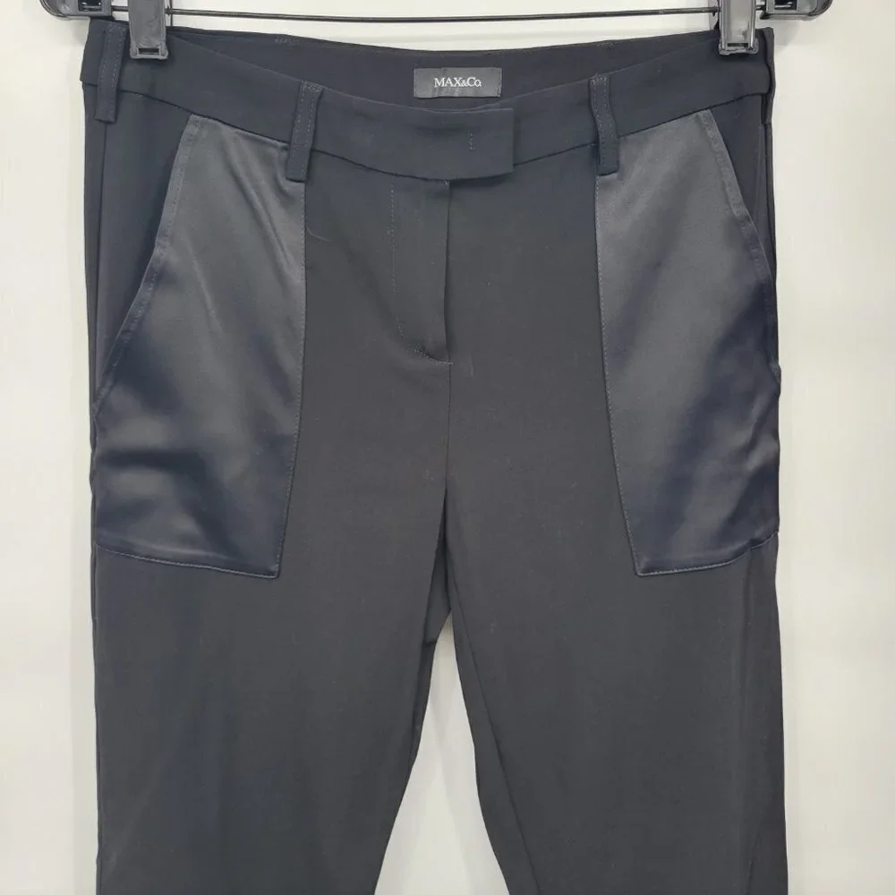 Max & Co Women Black Long Trousers Mid Rise Leather Contrast Skinny Pants Size 4